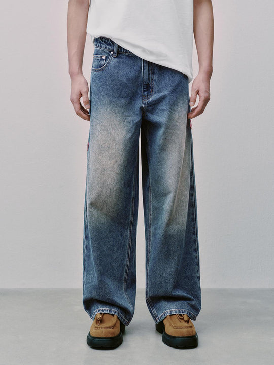 Embroidered Washed Wide Leg Jeans