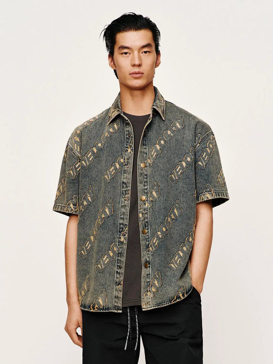Cotton Textured Denim Short Sleeve Shirts