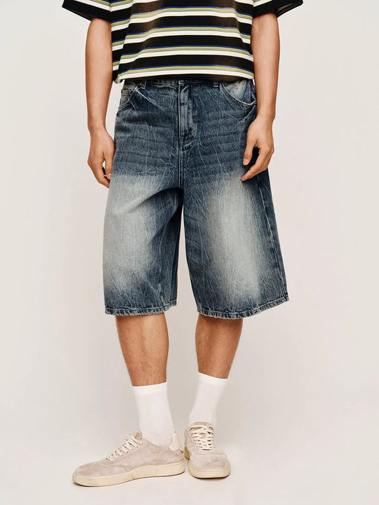 Cotton Faded Wide Leg Knee Length Denim Shorts