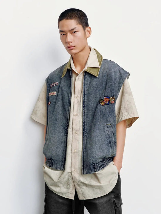 Washed Embroidered Sleeveless Denim Jackets For Everyday Wear
