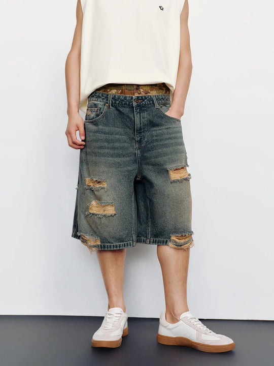 Raw Detail Ripped Panels Denim Shorts
