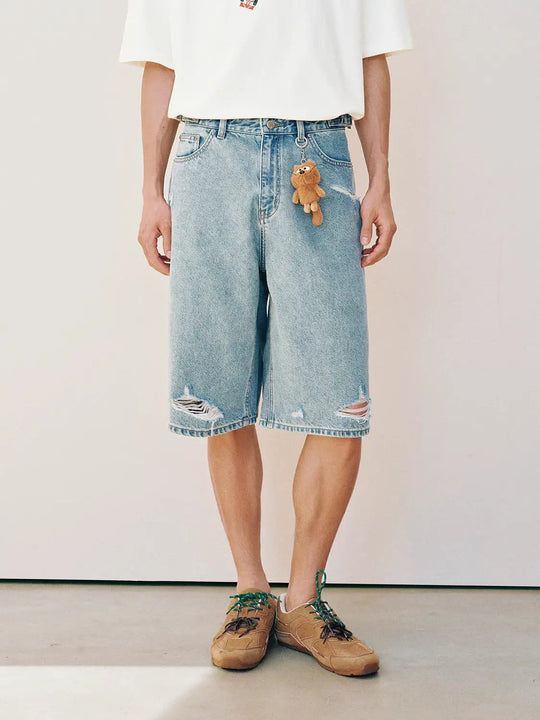 Ripped Distressed Wide-leg Cotton Shorts