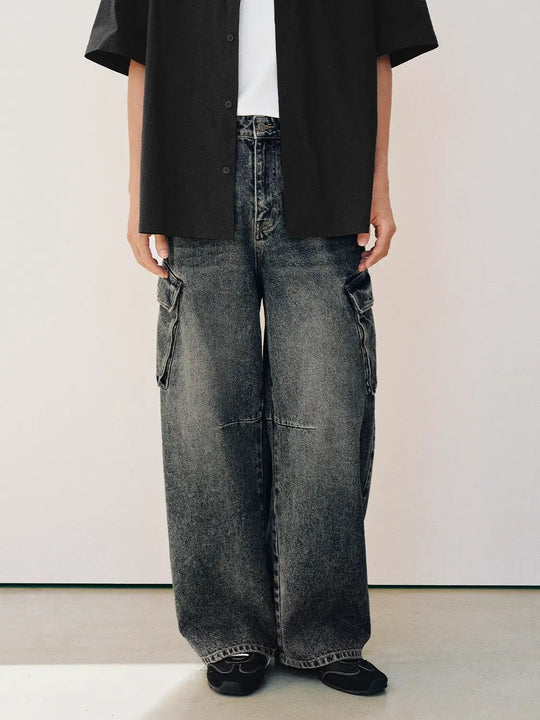 Distressed Relaxed Wide-leg Cargo Cotton Jeans