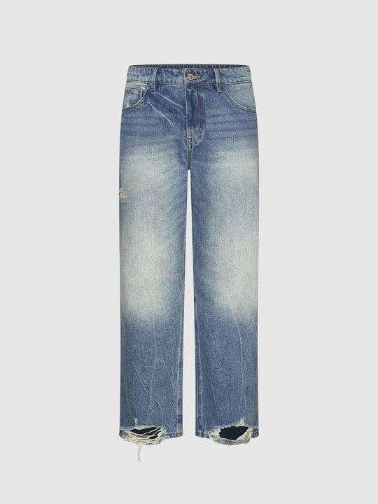 Baumwolljeans mit verwaschener Optik, Used-Details, offenem Saum und geradem Bein