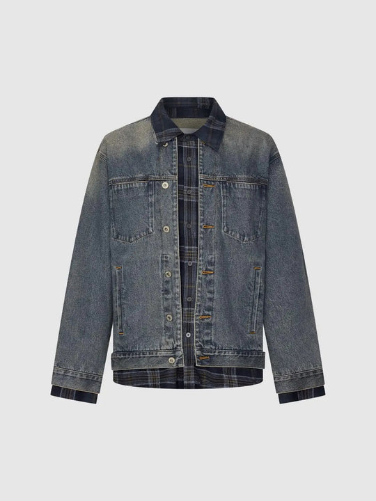 Verblasste karierte Jeansjacke aus Baumwolle mit Kragen und langen Ärmeln