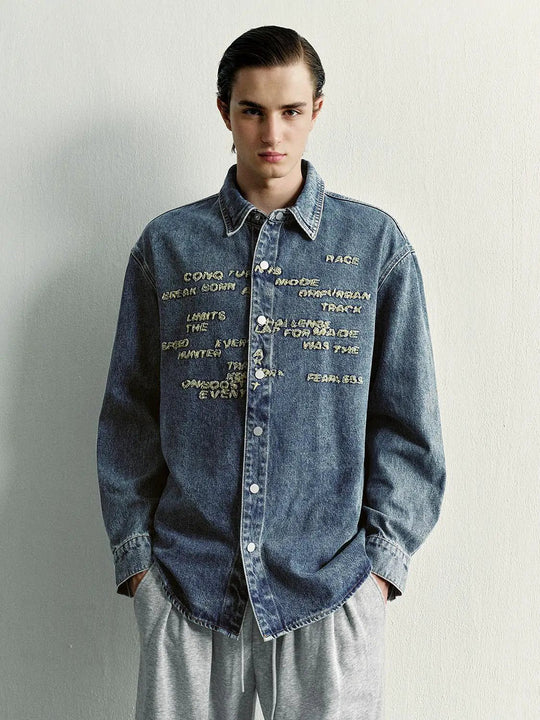 Text Embroidered Long Sleeve Cotton Denim Shirt