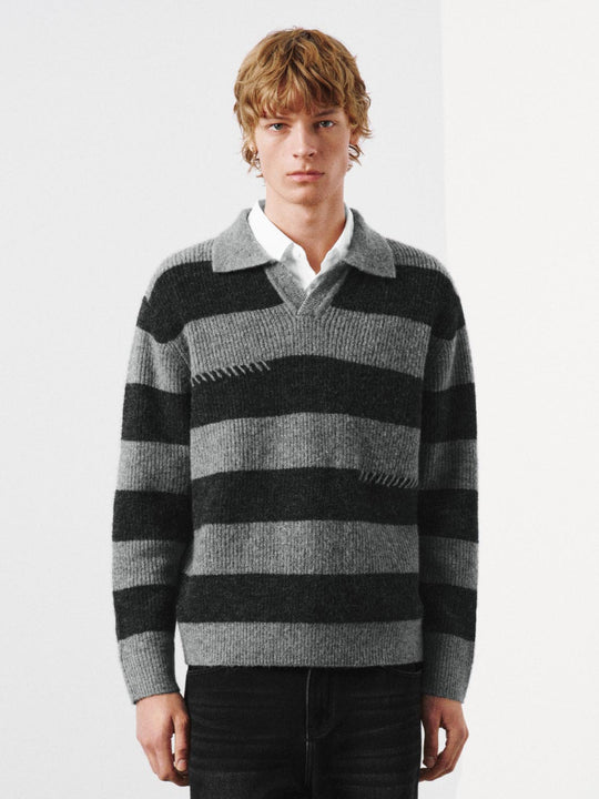 Polo Neck Striped Long Sleeve Knitted T-Shirts