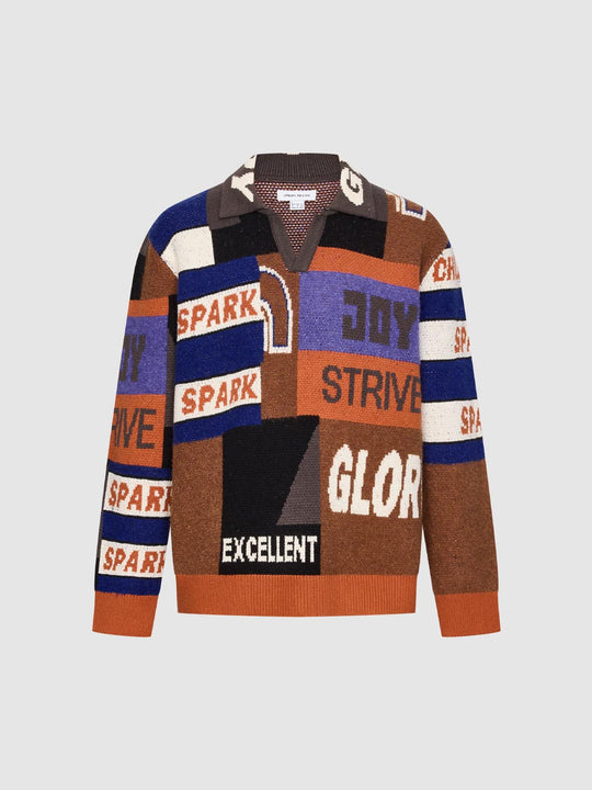 Polo Neck Contrast Intarsia Long Sleeve Knitted T-Shirts