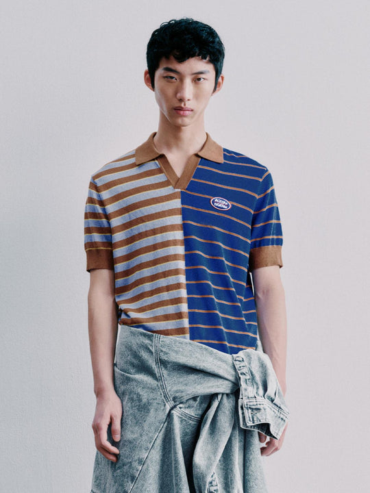Polo Neck Contrast Spliced Knitted T-Shirts
