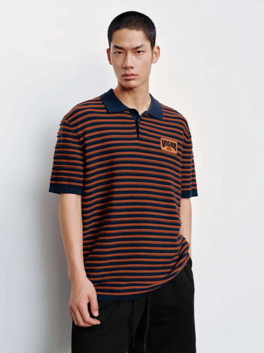 Cotton Striped Knit Polo Collar Short Sleeve Ribbed Cuffs Classic Relaxed Fit T-Shirt