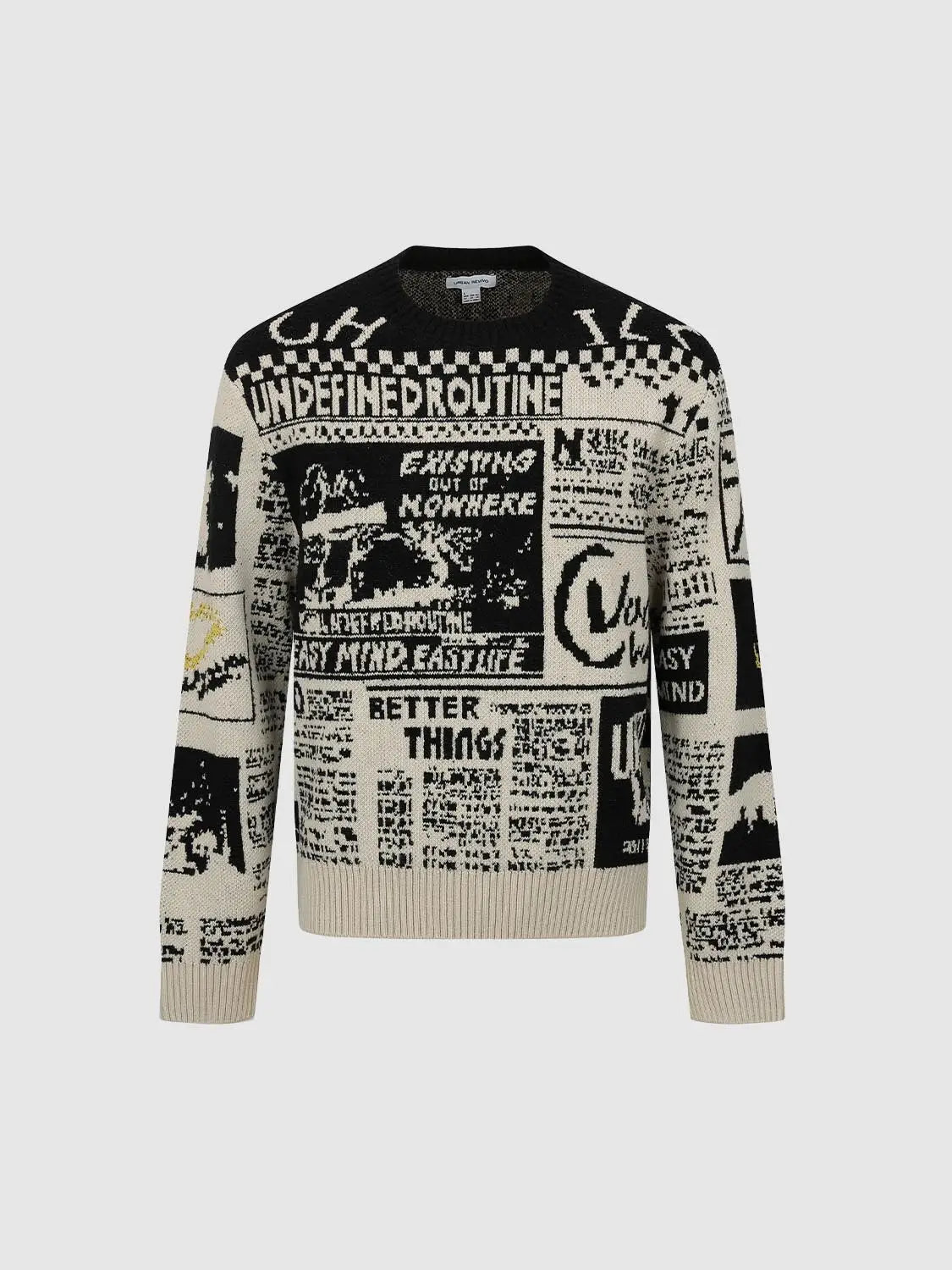 Knit T-Shirt by Urban Revivo Fashion; black and beige newspaper-print knit.