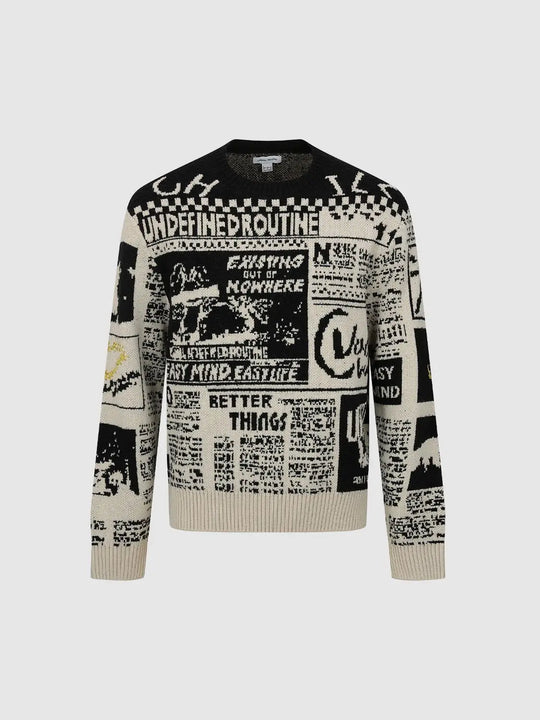 Regular Fit Black And White Checkered Text Graphic Print Long Sleeve Crew Neck Ribbed Knit Pullover