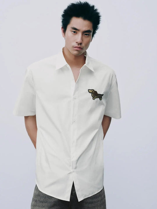 Collared Short Sleeve Dog Patch Cotton Shirt