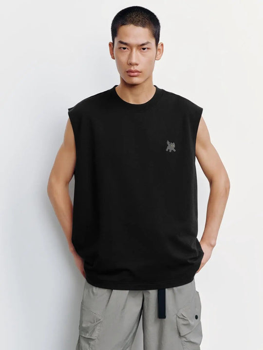 Cotton Black Sleeveless Design With Minimal Logo Tank Top
