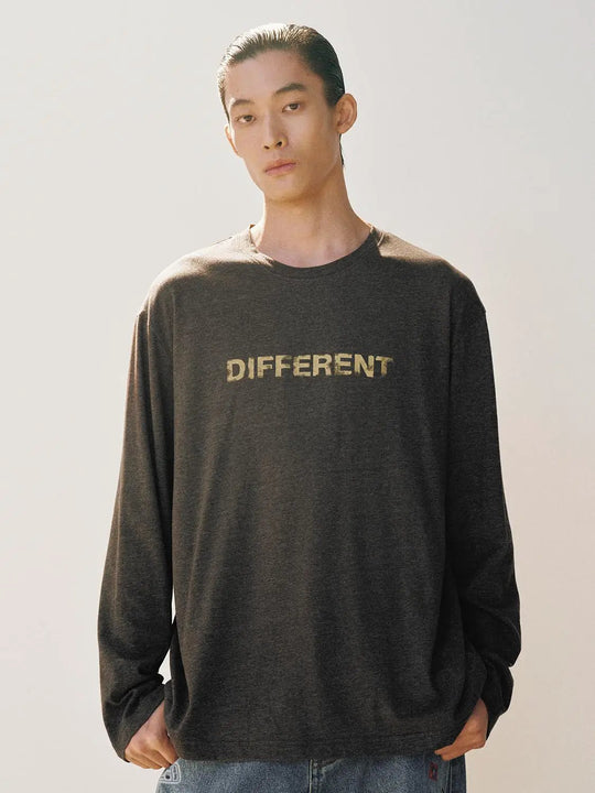 テキストプリントクルーネック長袖コットン混Tシャツ