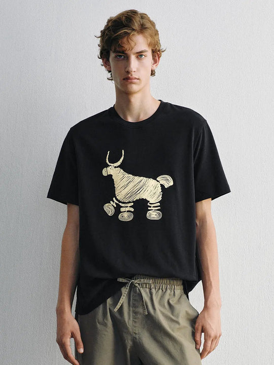 T-shirt a maniche corte in cotone con ricamo animalier e girocollo