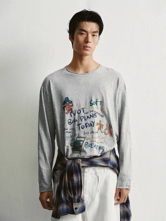 Printed Long Sleeve Crew Neck Cotton T-Shirt