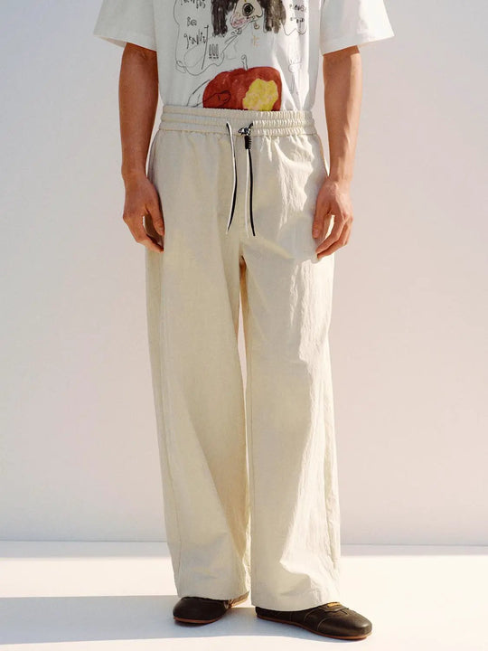 Wide-leg Cotton Blend Drawstring Waist Pants