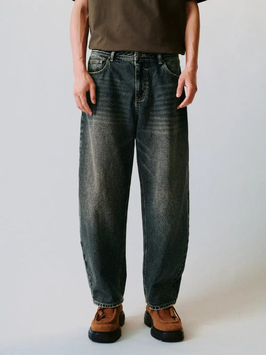 Whiskered Washed Relaxed Wide-leg Cotton Jeans