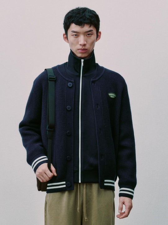 Striped Trim Crew Neck Knitted Cardigan