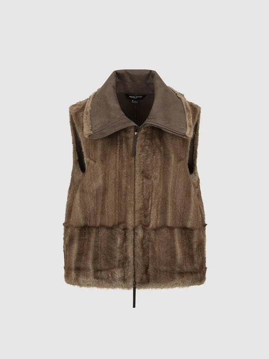 Textured Wide Collar Front Zipper Sleeveless Vest