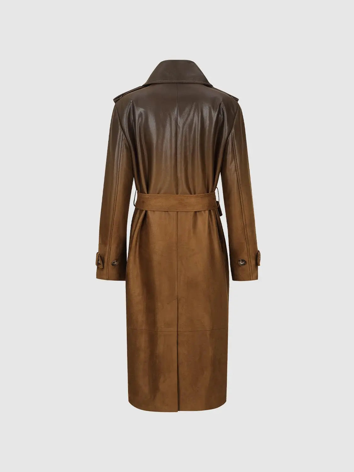 Trench coat in brown leather finish with belted waist, back view.