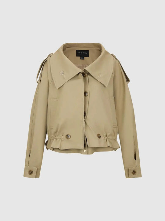 Ruched Hem Button Front Long Sleeve Cotton Blend Jacket