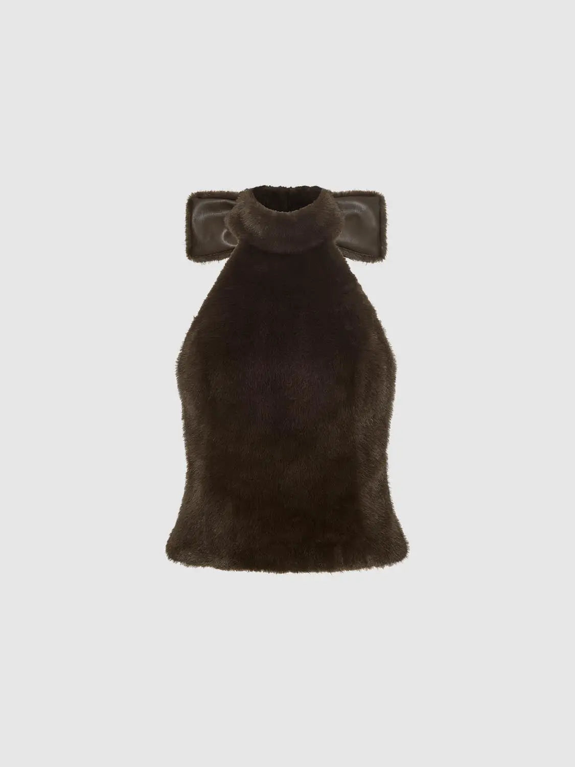 Vest, dark brown faux-fur with stand-up collar and plush texture