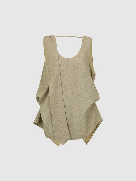 Textured Draped Overlay Beige Sleeveless Blouse