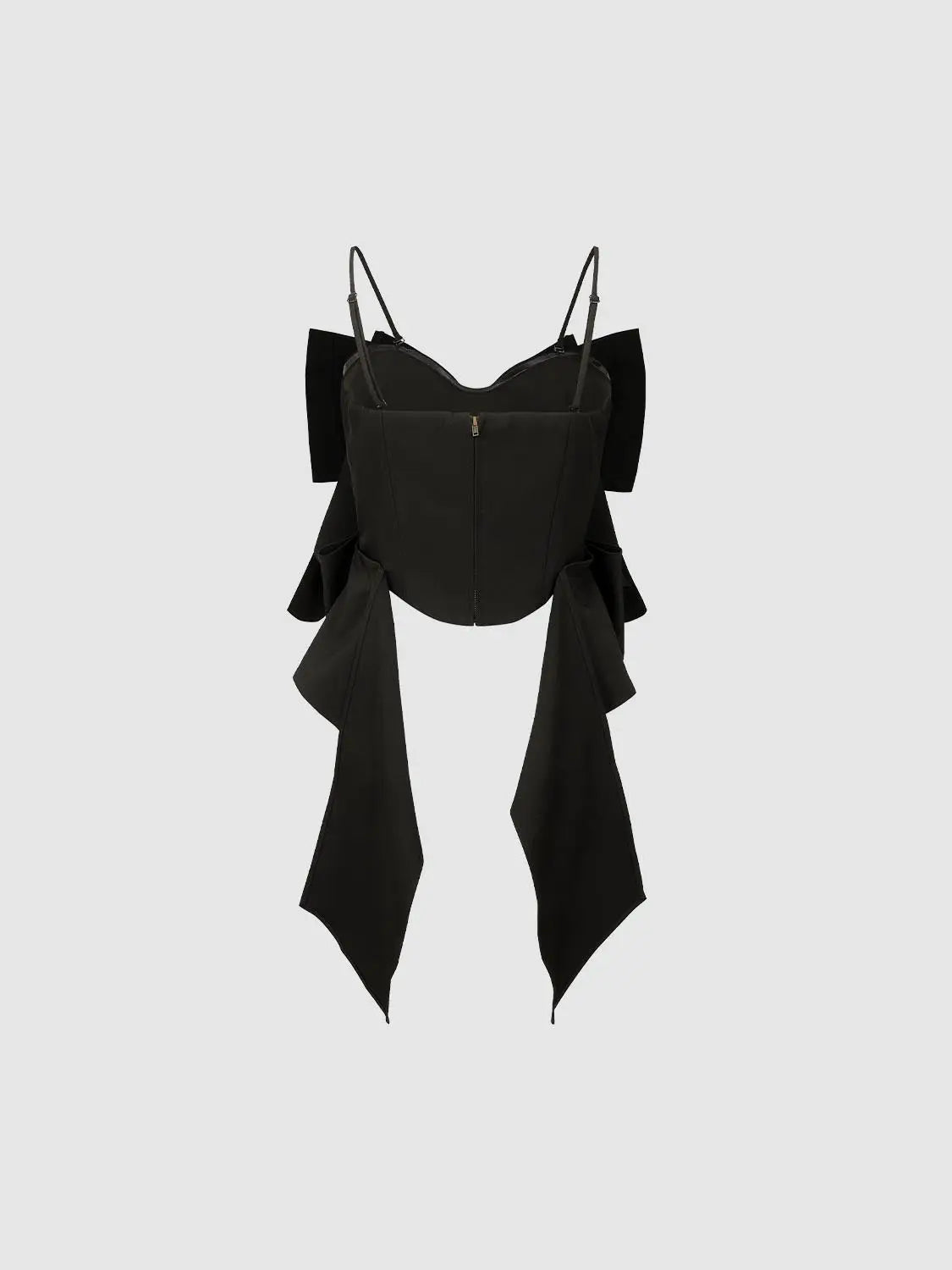 Camisole black Urban Revivo Fashion top with spaghetti straps, front zip, and oversized side ribbon ties.