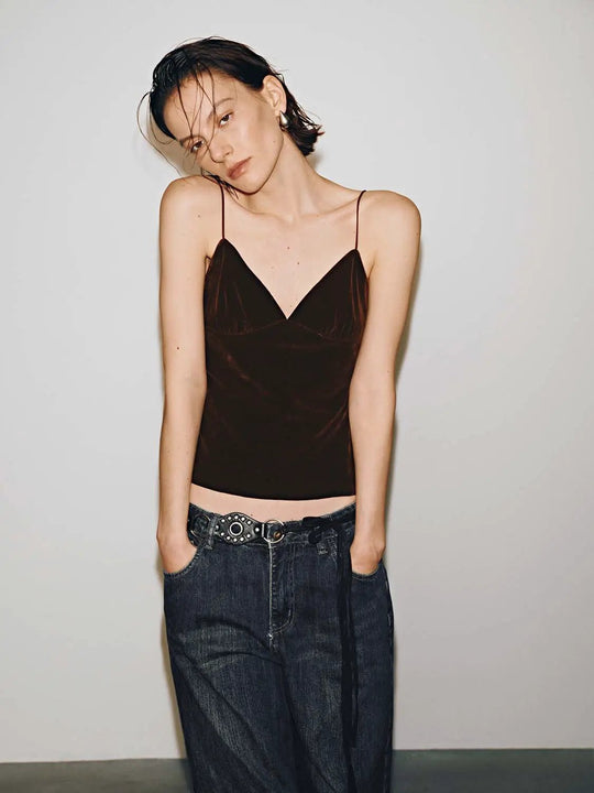 Strappy Slim-Fit Thin Stretch Velvet-Texture Tank Top