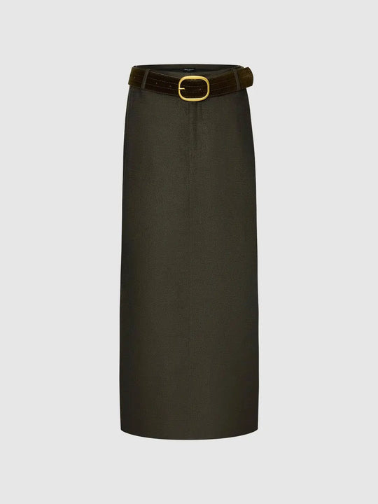 Linen Belted Gold Buckle Pleated Midi Skirt