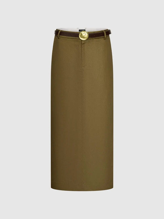 Sleek H-line Lyocell Linen Belted Midi Skirt