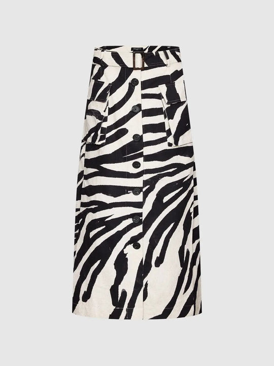Cotton Zebra Print Button-Front Straight Midi Skirts
