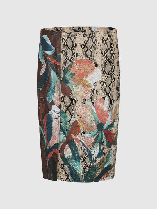 Side Seam Patchwork Floral and Animal Print Coated Straight Midi Skirt