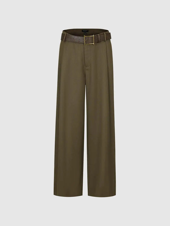 Solid Belted Tailored Low-rise Wide-leg Pants