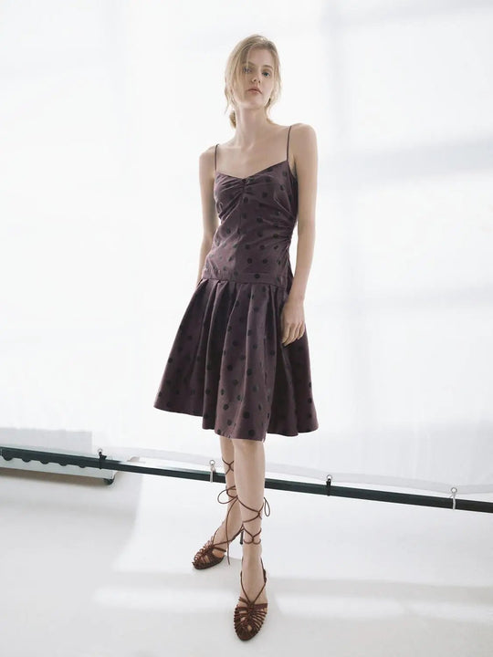 Ruched Polka Dot A-Line Sleeveless Midi Dress