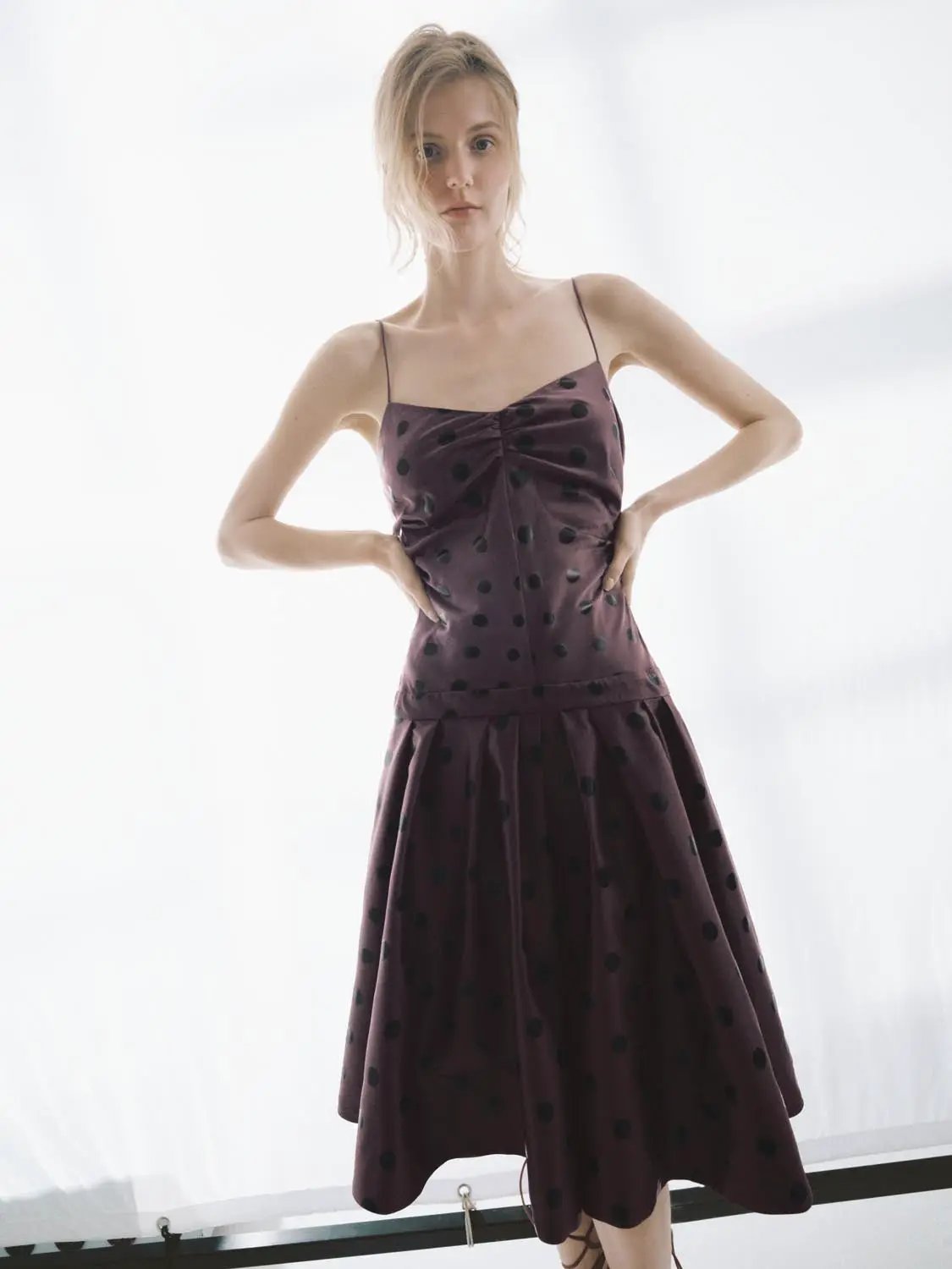 A-Line dress by Urban Revivo Fashion in burgundy with black polka dots, spaghetti straps, midi length