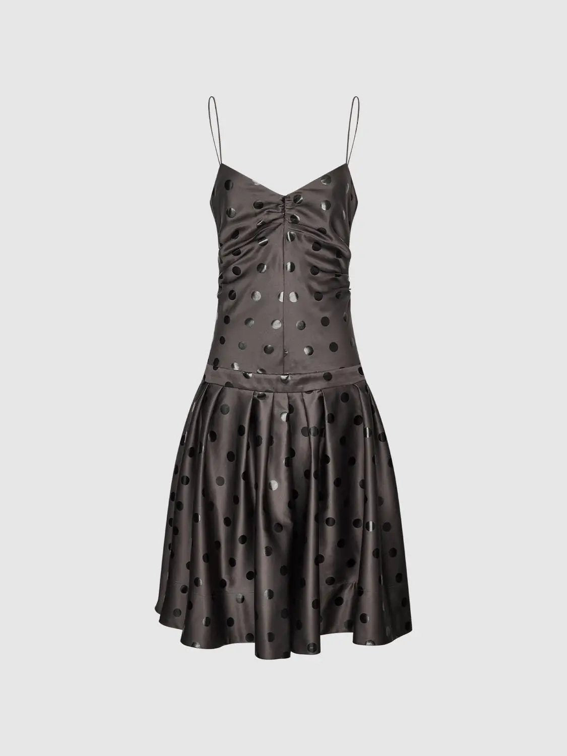 A-line dark brown satin dress with thin straps and polka dots