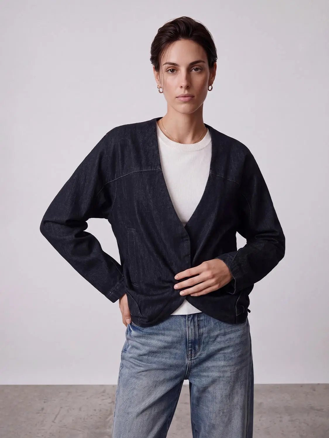 V-Neck oversized knot-hem textured weave cotton jacket in dark indigo