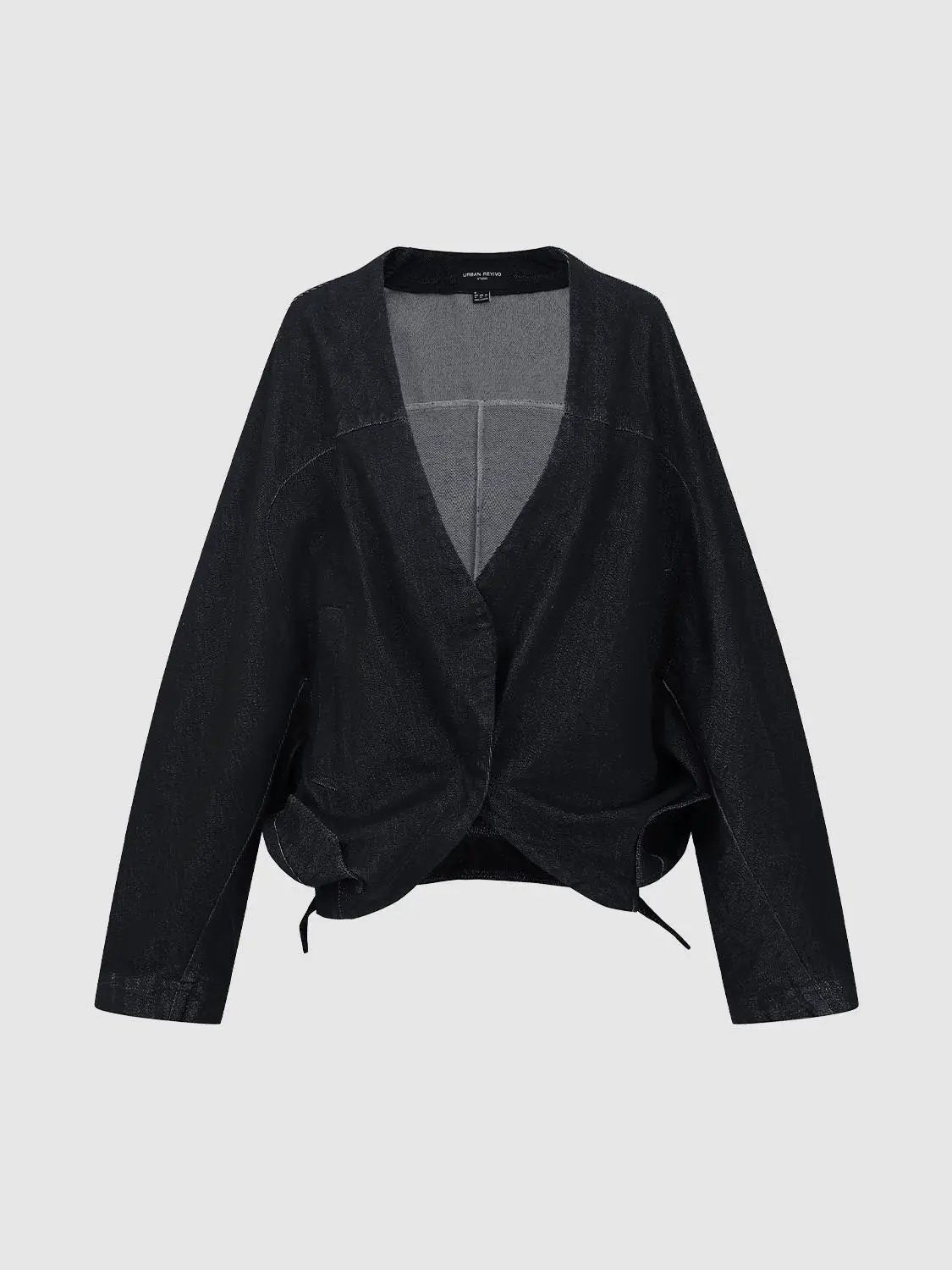 V-Neck Oversized Knot Hem Textured Weave Cotton Jacket in black by Urban Revivo