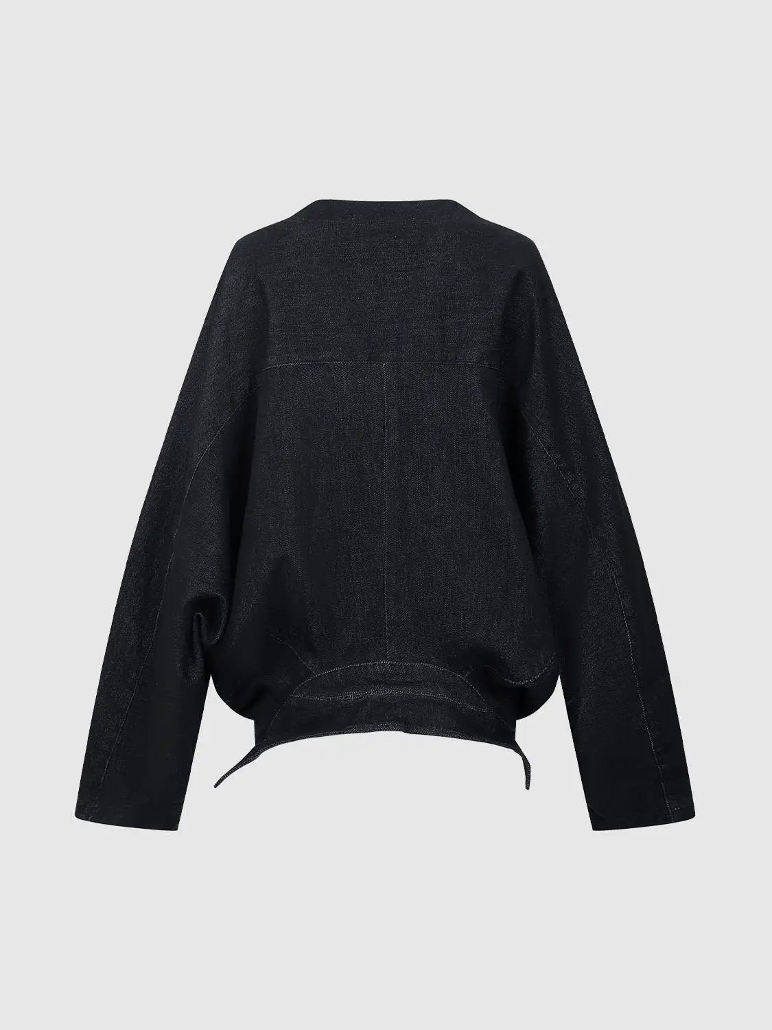 V-Neck Oversized Knot Hem Textured Weave Cotton Jacket, black
