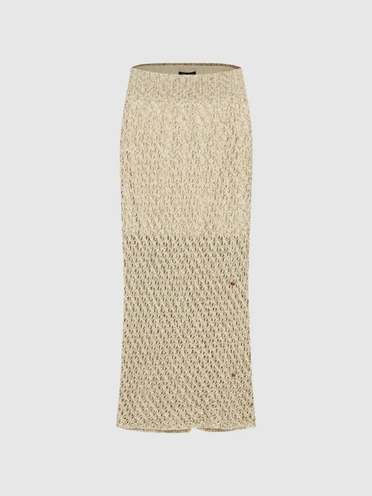 Beige Open Knit Metallic Cotton Maxi Skirt