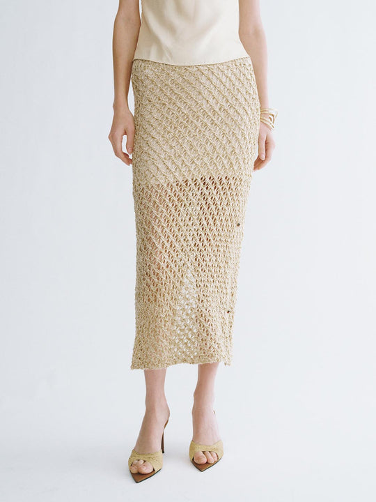 Gonna lunga color beige in cotone lavorato a maglia traforata con dettagli metallici