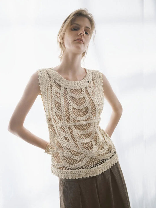 Textured Openwork Crochet Knit Cotton T-shirt