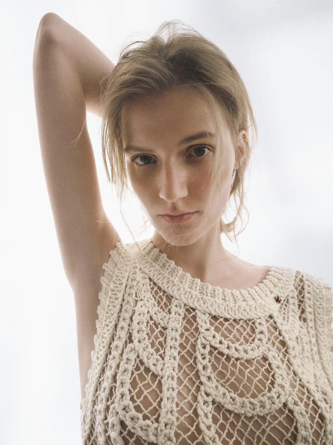 Textured Openwork Crochet Knit Cotton T-shirt, cream, by Urban Revivo Fashion