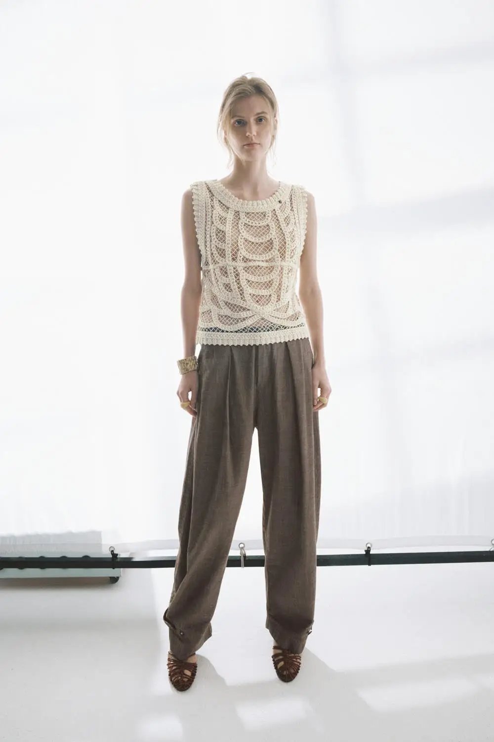 Textured openwork crochet knit cotton T-shirt by Urban Revivo Fashion in cream