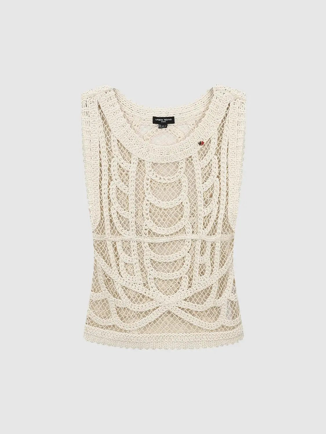 Textured openwork crochet knit cotton sleeveless T-shirt in cream by Urban Revivo Fashion
