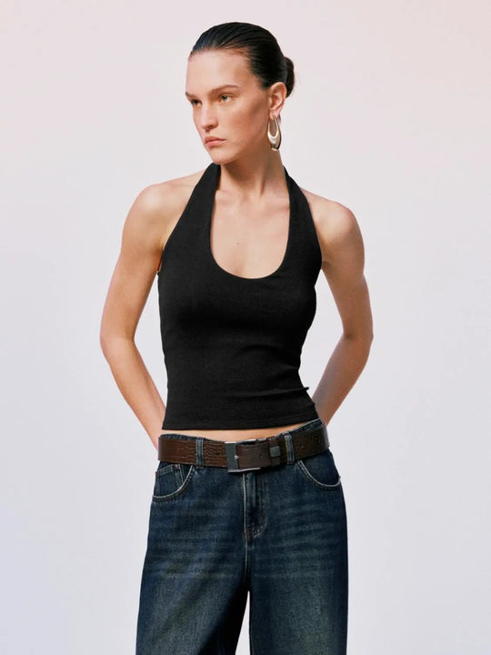 Black Halter Neck Tops In Viscose Cotton Elastane Blend Tops