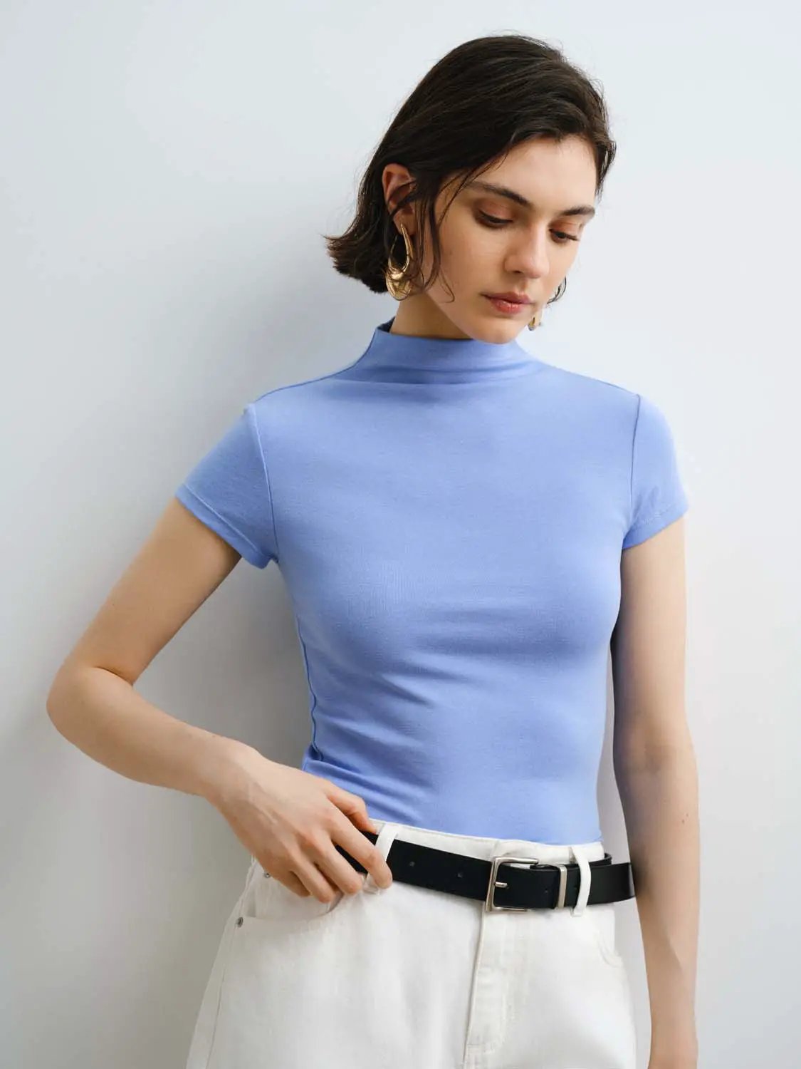 Women's modal knit T-shirt, light blue, short-sleeve, with a smooth finish and slim fit